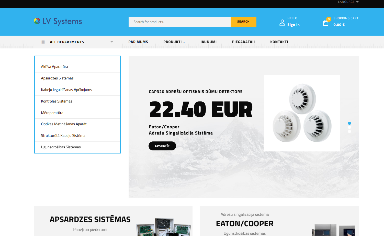 Sākumlapas izkārtojums ar kategoriju sānjoslu un produktu izcelšanu