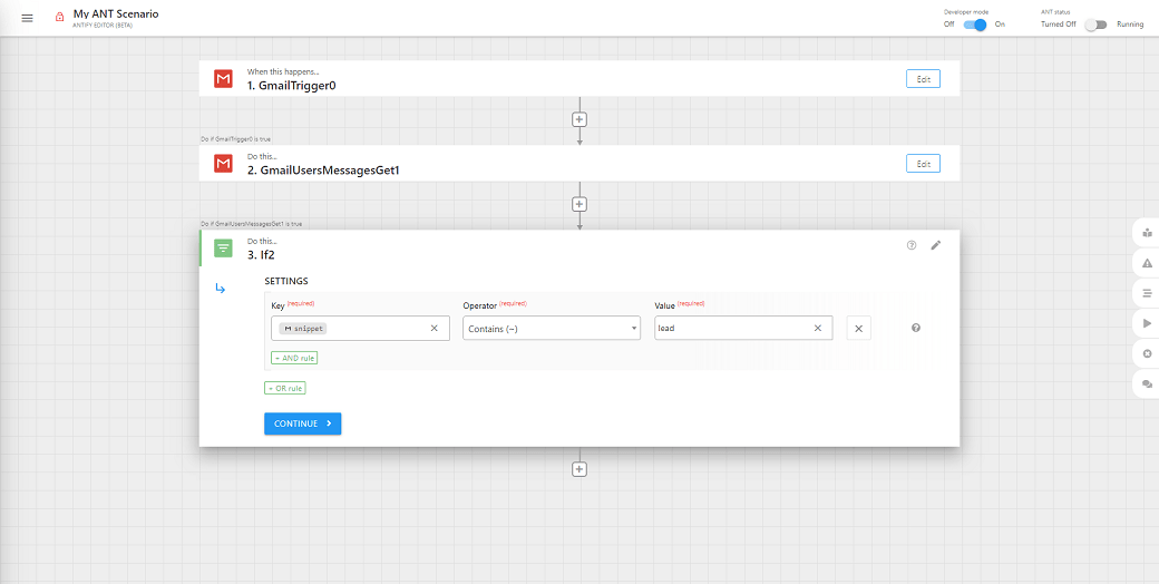 Automatizācijas scenārijs ar Gmail izraisītāju ANT Editorā, filtrējot ziņas ar atslēgvārdu 'load', izmantojot nosacījumu loģiku.