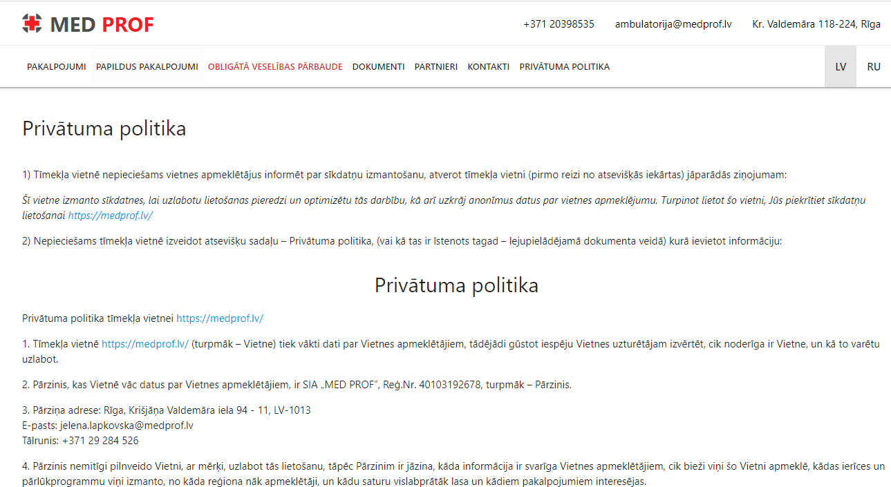 Privātuma politikas ieviešanas lapa ar lietotāju datu praksi un sīkdatņu paziņojumiem.