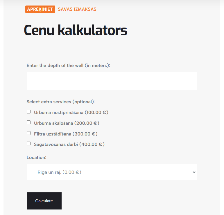 Pricing Calculator screenshot