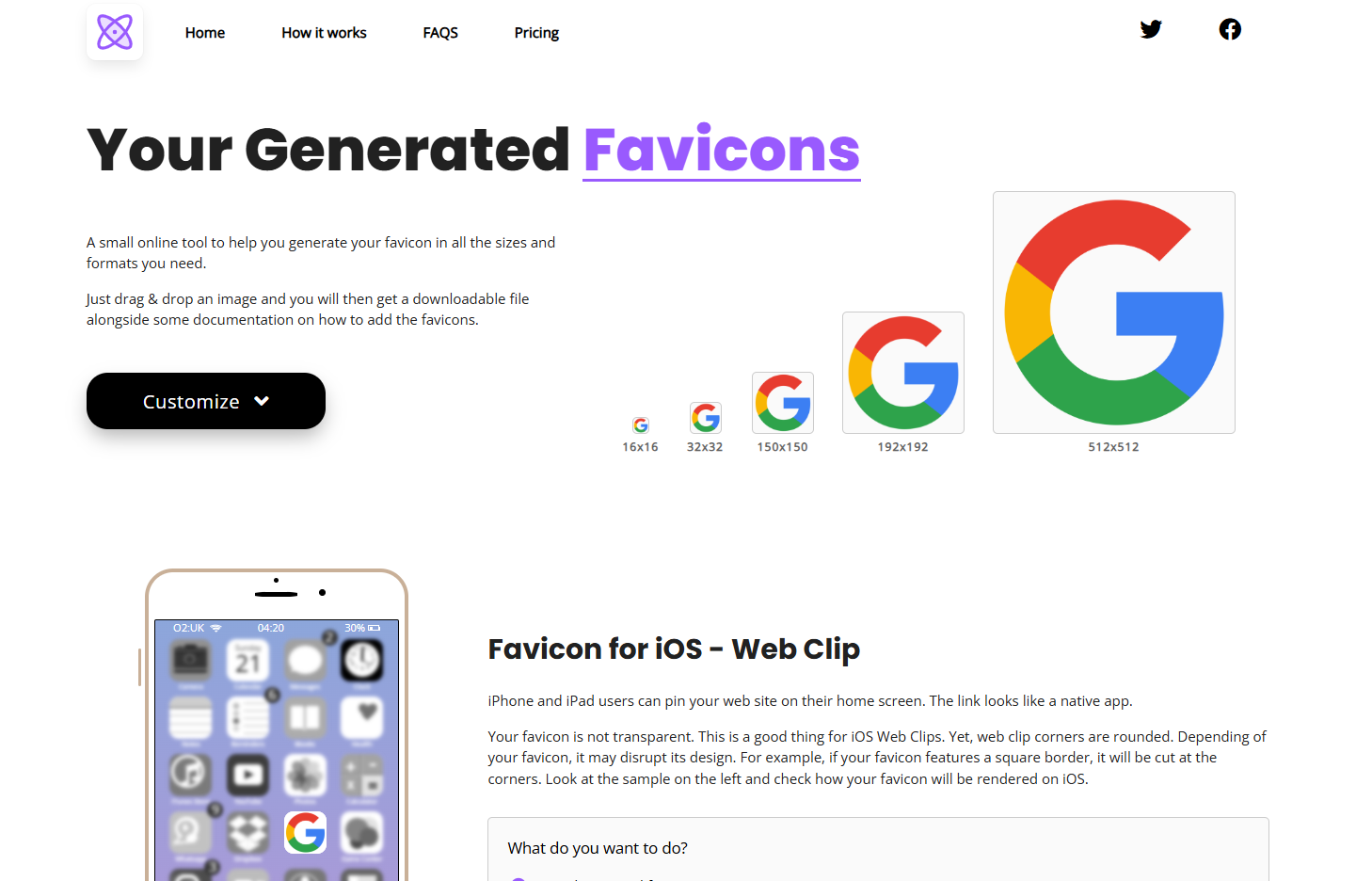Rezultātu lapa, kas rāda favicon priekšskatījumus vairākās izšķirtspējās un tiešo priekšskatījumu iOS.