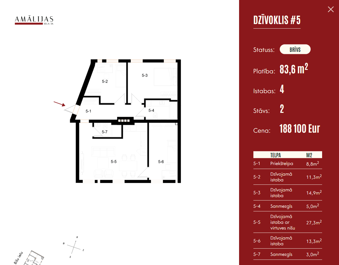 Atsevišķa dzīvokļa modāls skats ar plānojuma sadalījumu, platību pa telpām un pilnu cenu/pieejamības informāciju.