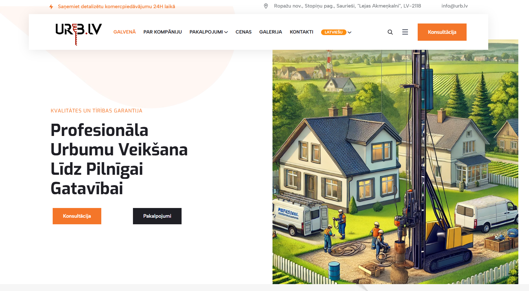 Galvenais vēstījums un vizuālā iespaida no sākumlapas – 'Profesionāla aku urbšana līdz pilnīgai pabeigšanai'