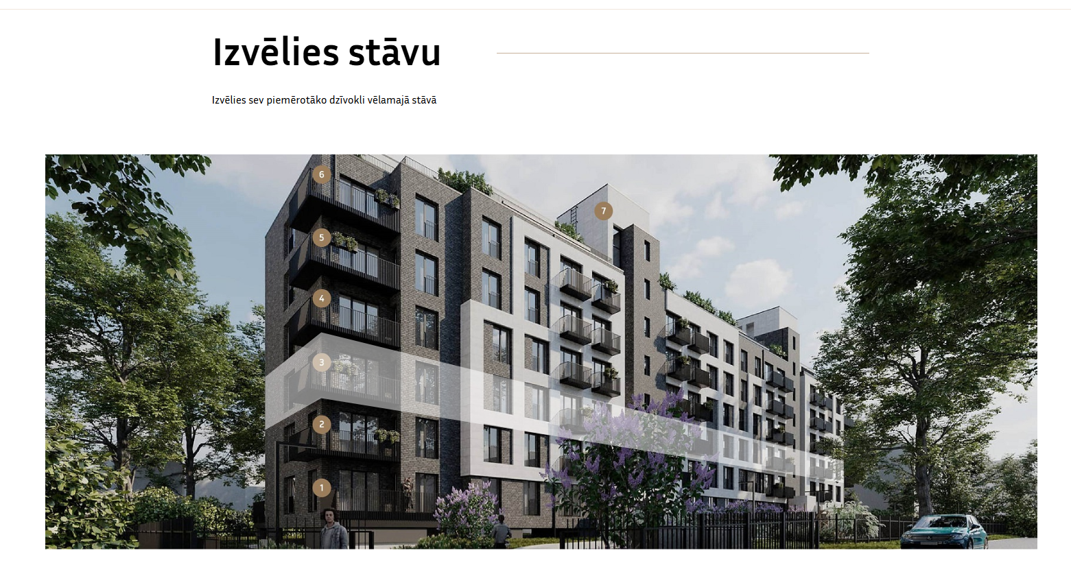 Stāvu izvēles lapa ar interaktīvu ēku vizualizāciju un numurētiem līmeņiem.